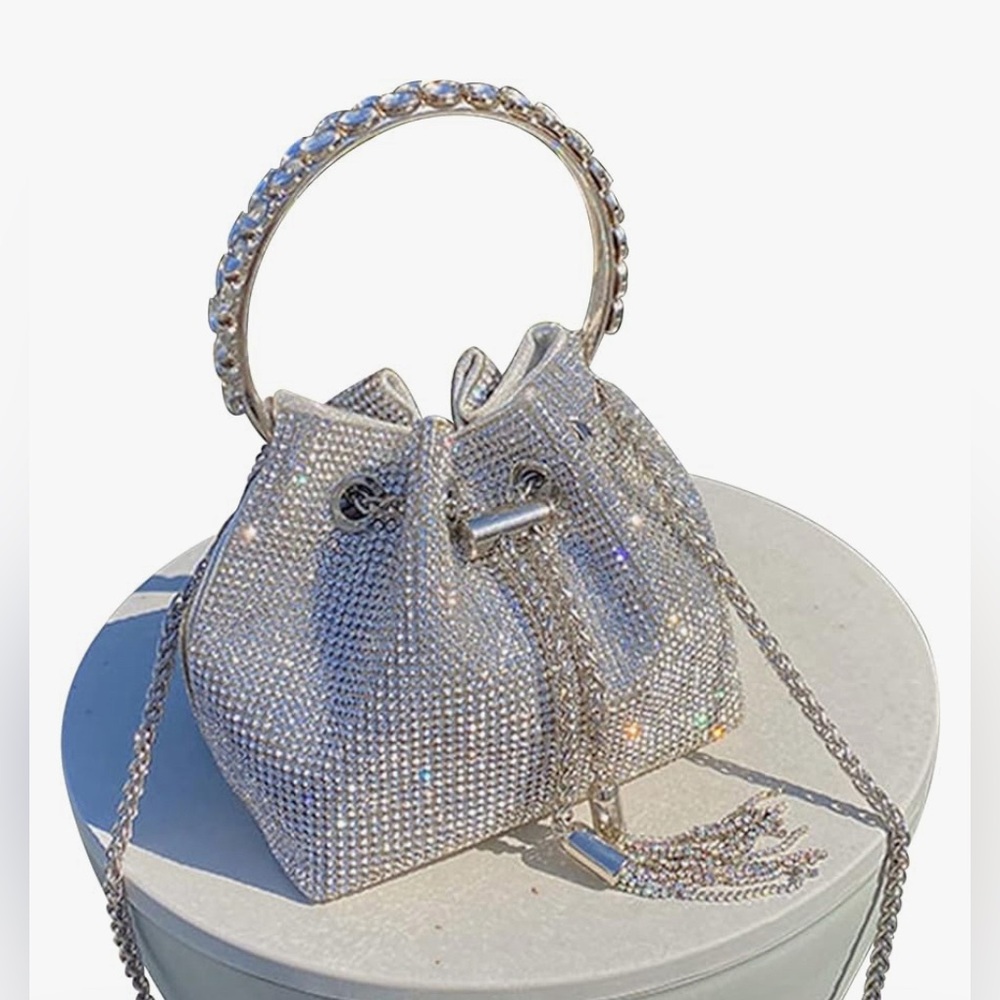Silver monochrome rhinestone glam satchel tote shoulder mini handbag